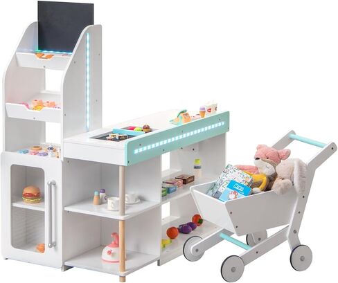 INFANS Kids Grocery Store Playset, Wooden Pretend Play Supermarket with LED Lights Manual Conveyor Belt Play Food Accessories Blackboard Cash Register, Market Stand Toy for Toddler Boys Girls in Kuwait