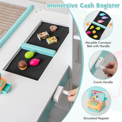 INFANS Kids Grocery Store Playset, Wooden Pretend Play Supermarket with LED Lights Manual Conveyor Belt Play Food Accessories Blackboard Cash Register, Market Stand Toy for Toddler Boys Girls in Kuwait