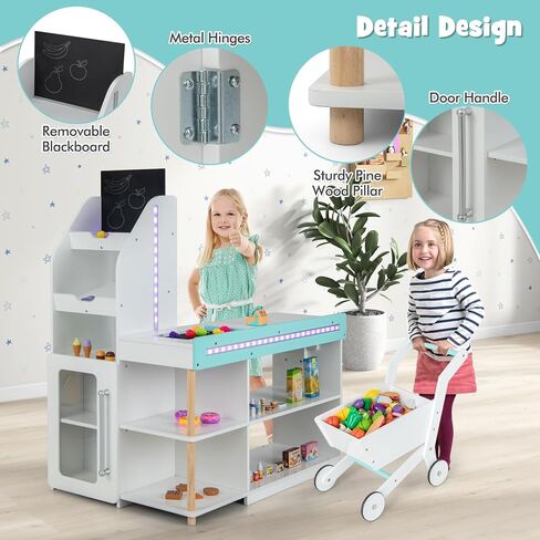 INFANS Kids Grocery Store Playset, Wooden Pretend Play Supermarket with LED Lights Manual Conveyor Belt Play Food Accessories Blackboard Cash Register, Market Stand Toy for Toddler Boys Girls in Kuwait