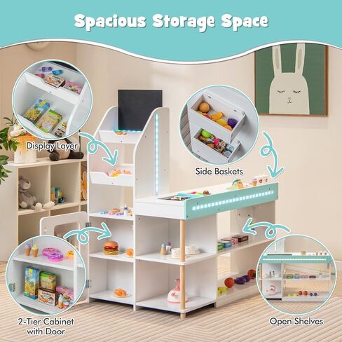 INFANS Kids Grocery Store Playset, Wooden Pretend Play Supermarket with LED Lights Manual Conveyor Belt Play Food Accessories Blackboard Cash Register, Market Stand Toy for Toddler Boys Girls in Kuwait