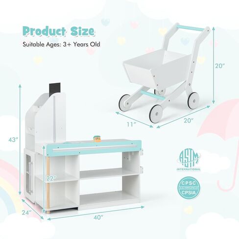 INFANS Kids Grocery Store Playset, Wooden Pretend Play Supermarket with LED Lights Manual Conveyor Belt Play Food Accessories Blackboard Cash Register, Market Stand Toy for Toddler Boys Girls in Kuwait