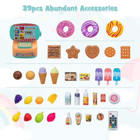 INFANS Kids Grocery Store Playset, Wooden Pretend Play Supermarket with LED Lights Manual Conveyor Belt Play Food Accessories Blackboard Cash Register, Market Stand Toy for Toddler Boys Girls in Kuwait