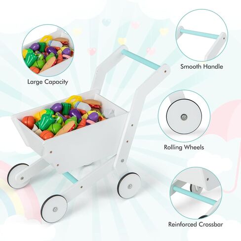 INFANS Kids Grocery Store Playset, Wooden Pretend Play Supermarket with LED Lights Manual Conveyor Belt Play Food Accessories Blackboard Cash Register, Market Stand Toy for Toddler Boys Girls in Kuwait