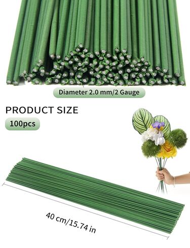 100 Pcs Floral Stem Wire - 16 Inch 2 Gauge Dark Green Floral Wire for DIY Paper Flowers, Bouquet Arrangements, Wreath Making, Crafts and Florist Supplies in Saudi Arabia