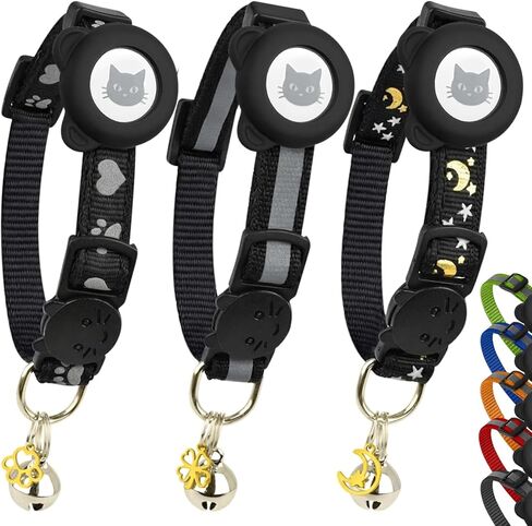 Cat Collar with AirTag Holders, 3-Pack, Reflective Breakaway Safety Collars, Bells and Matching Charms, Adjustable, Paw Hearts, Moon Stars Design, Lucky Charm, Blue in Saudi Arabia