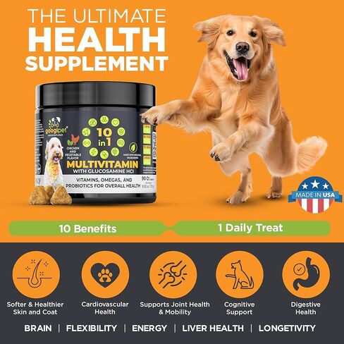 Googipet Premium Dog متعدد الفيتامينات قابل للمضغ، فيتامينات ومكملات للكلاب، فيتامينات الجراء والبروبيوتيك للكلاب الكبيرة لصحة الأمعاء + فيتامين C، الجلوكوزامين لدعم مفاصل الكلاب (نكهة الدجاج) in Saudi Arabia