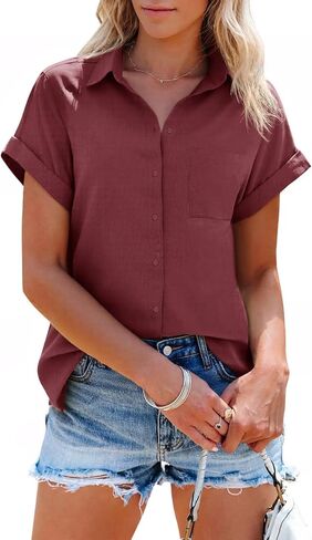 SySea Womens Short Sleeve Striped Shirts Casual Button Down V Neck Work Blouses Tops in Kuwait