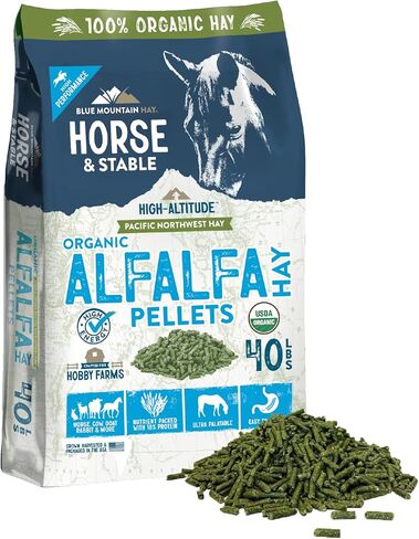 Blue Mountain Hay High Altitude Organic Alfalfa Hay Pellets (40 lb), Ultra Premium Nutrient Dense Forage, Small Quick Soaking Low Dust Pellets, Easy to Measure, Automatic Feeder Friendly in Saudi Arabia