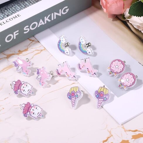 6 Pairs Clip On Earrings for Kids, Cute Princess Resin Clip On Earrings No Pierced Kids Jewelry Donut Cupcake Rainbow Design Dress Up Jewelry for Toddler Girls Party Gift in Saudi Arabia