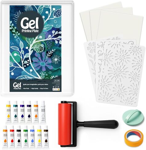 INNOVAYOU 5 * 7inch Gel Plate Printing Kit, Set with Gel Printing, Rubber Roller, Watercolor Paints, Stencils, Printing Paper, Masking Tape and Baren, for Card Making, Arts and Crafts in Kuwait