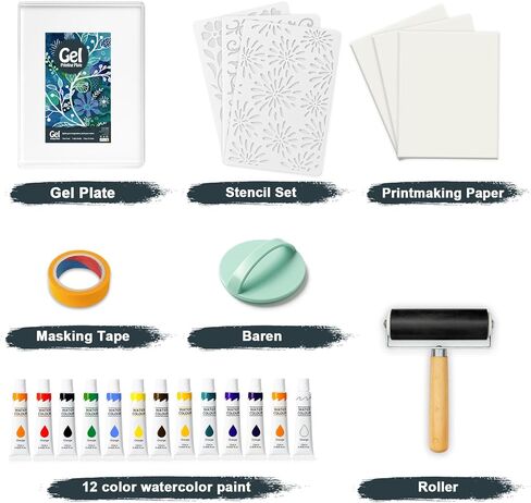 INNOVAYOU 5 * 7inch Gel Plate Printing Kit, Set with Gel Printing, Rubber Roller, Watercolor Paints, Stencils, Printing Paper, Masking Tape and Baren, for Card Making, Arts and Crafts in Kuwait