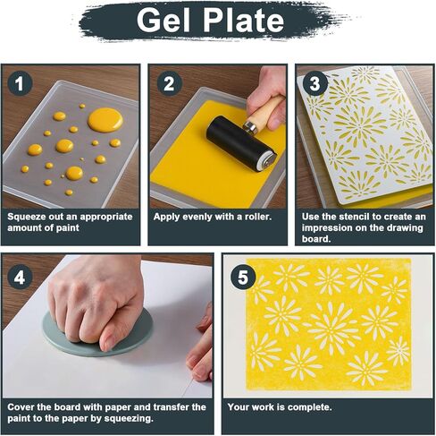 INNOVAYOU 5 * 7inch Gel Plate Printing Kit, Set with Gel Printing, Rubber Roller, Watercolor Paints, Stencils, Printing Paper, Masking Tape and Baren, for Card Making, Arts and Crafts in Kuwait