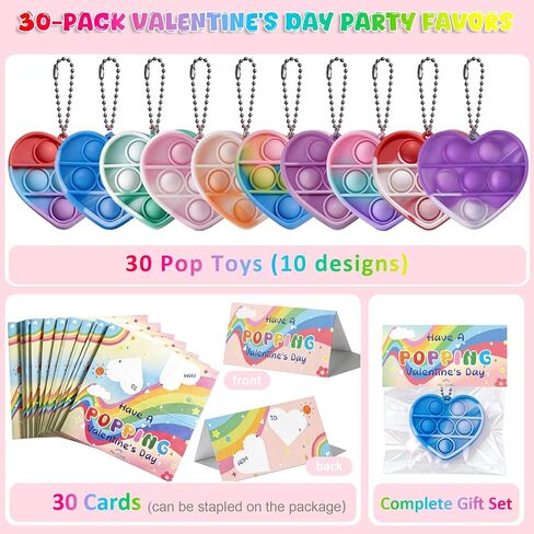 30Pcs Valentine's Day Gift Set, School Classroom Exchange Kit for Kids, Heart Shape Bubble Fidget Toys with Cards, Multi-Color Toys for Kids Valentine's Party Favors and Classroom Gift Exchange in Saudi Arabia