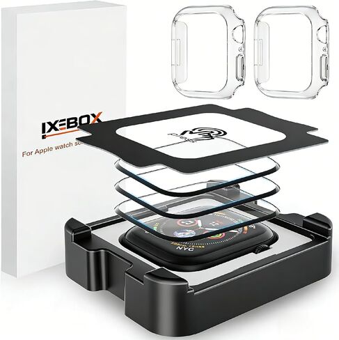 واقيات شاشة IXBBOX® مكونة من 3 قطع + حافظات مكونة من عبوتين متوافقة مع Apple Watch Series 7/8/9 مقاس 45 مم، زجاج مقسى من الدرجة العسكرية، تغطية كاملة ثلاثية الأبعاد، مقاومة للخدش والكسر، تركيب خالٍ من الفقاعات، مقاوم للماء وبدون تبييض الحواف in Saudi Arabia