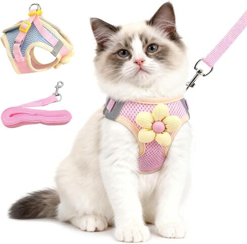 Cat Harness and Leash Set Escape Proof, Adjustable Leash & Breathable Mesh Vest with Reflective Strips & Flower, XS (XS) in Kuwait