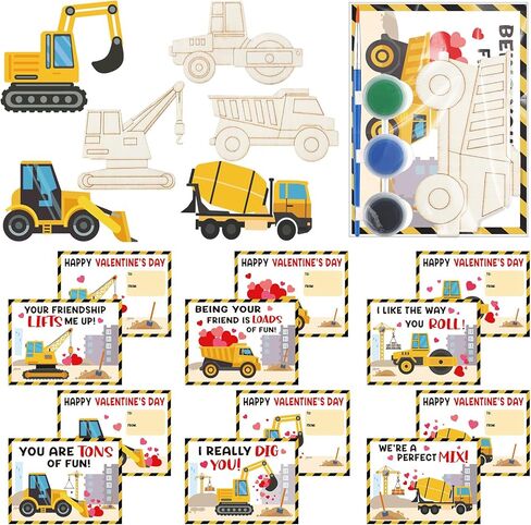 Ctosree 24 Pack Valentine's Day Wooden Crafts Kit for Kids Valentines Classroom Exchange Gifts Painting Craft Kits with Cards Valentines DIY for Party School Class Ages 4-8 8-12(Construction Themed) in Saudi Arabia