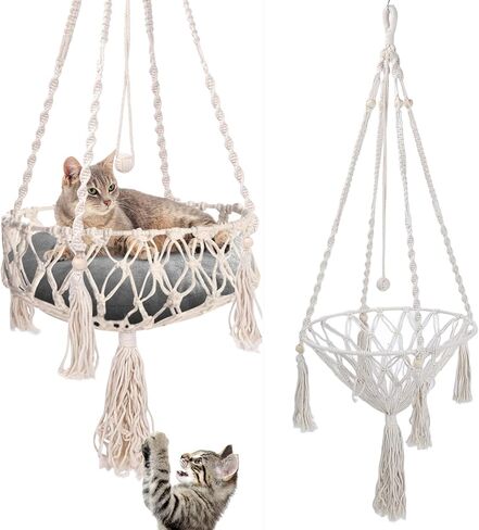 VINGVO Macrame Cat Hammock Bed, 58.27" Handwoven Pet Hanging Swing Bed with Hook for Wall, Foldable Kitten Window Perch for Indoor Outdoor Sports Playing Sleeping Climbing Lounging in Kuwait