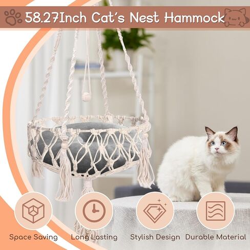 VINGVO Macrame Cat Hammock Bed, 58.27" Handwoven Pet Hanging Swing Bed with Hook for Wall, Foldable Kitten Window Perch for Indoor Outdoor Sports Playing Sleeping Climbing Lounging in Kuwait
