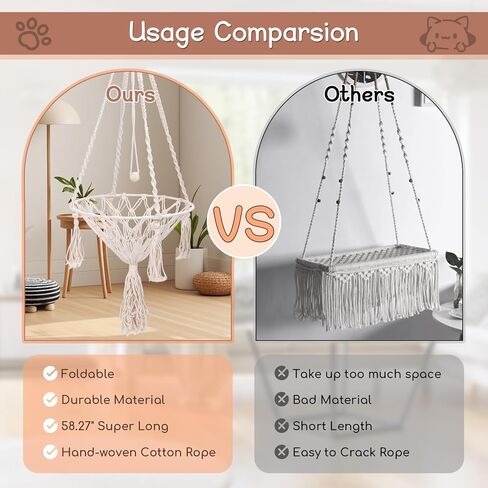 VINGVO Macrame Cat Hammock Bed, 58.27" Handwoven Pet Hanging Swing Bed with Hook for Wall, Foldable Kitten Window Perch for Indoor Outdoor Sports Playing Sleeping Climbing Lounging in Kuwait