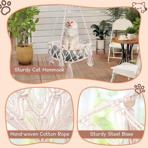 VINGVO Macrame Cat Hammock Bed, 58.27" Handwoven Pet Hanging Swing Bed with Hook for Wall, Foldable Kitten Window Perch for Indoor Outdoor Sports Playing Sleeping Climbing Lounging in Kuwait