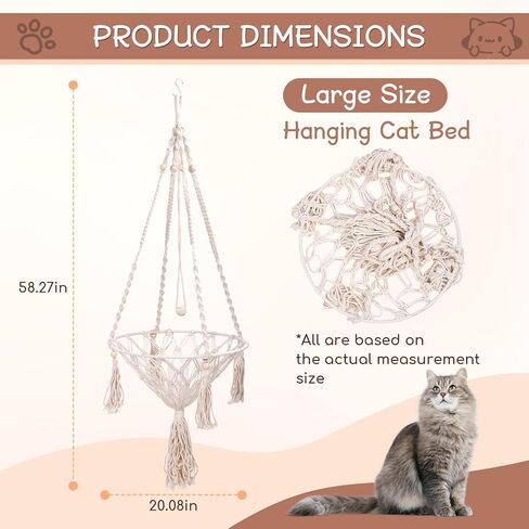 VINGVO Macrame Cat Hammock Bed, 58.27" Handwoven Pet Hanging Swing Bed with Hook for Wall, Foldable Kitten Window Perch for Indoor Outdoor Sports Playing Sleeping Climbing Lounging in Kuwait