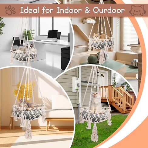 VINGVO Macrame Cat Hammock Bed, 58.27" Handwoven Pet Hanging Swing Bed with Hook for Wall, Foldable Kitten Window Perch for Indoor Outdoor Sports Playing Sleeping Climbing Lounging in Kuwait