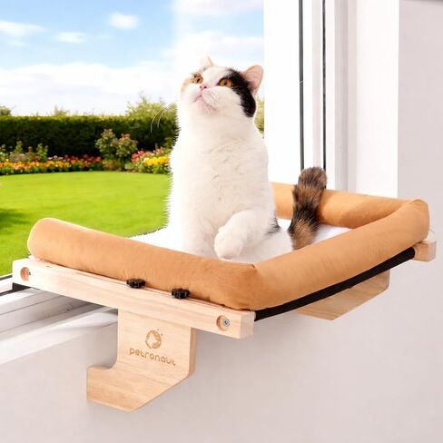 Solid Wood Cat Window Perch for Large Breeds – 40lbs Heavy Duty Cat Window Hammock, Comfortable Orthopedic Feline Bed with Easy Screw-in Assembly, Modern Pet Furniture, Bonus Toy Included in Saudi Arabia