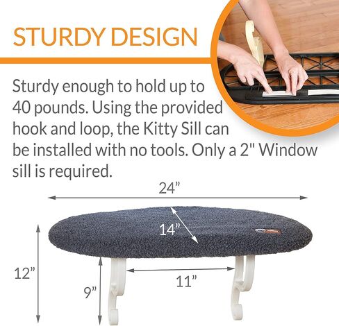 K&H Pet Products Kitty Sill Cat Window Perch للقطط الكبيرة، سرير أرجوحة نافذة لتقويم العظام يحمل 40 رطلاً، غطاء قابل للغسل، مقعد سرير Kitty Windowsill للداخل - صوف رمادي، غير مدفأ، 14 × 24 بوصة in Kuwait