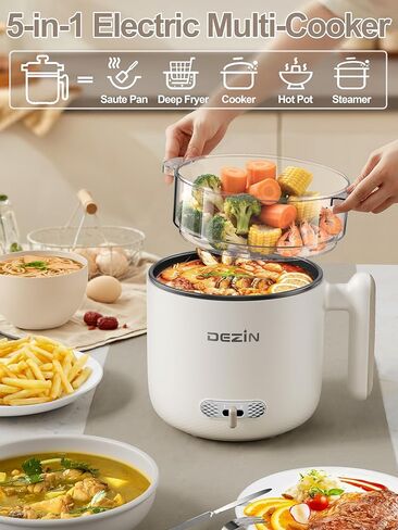 وعاء كهربائي مع جهاز بخار من ديزين، طباخ رامين مزدوج الطاقة سعة 1.8 لتر، وعاء ساخن محمول غير لاصق للحساء والمعكرونة والبيض والشوفان والحرارة الزائدة والحماية من الغليان الجاف، مثالي للنوم والمكتب (بيج) in Kuwait