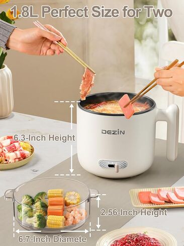 وعاء كهربائي مع جهاز بخار من ديزين، طباخ رامين مزدوج الطاقة سعة 1.8 لتر، وعاء ساخن محمول غير لاصق للحساء والمعكرونة والبيض والشوفان والحرارة الزائدة والحماية من الغليان الجاف، مثالي للنوم والمكتب (بيج) in Kuwait