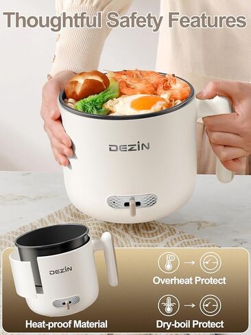وعاء كهربائي مع جهاز بخار من ديزين، طباخ رامين مزدوج الطاقة سعة 1.8 لتر، وعاء ساخن محمول غير لاصق للحساء والمعكرونة والبيض والشوفان والحرارة الزائدة والحماية من الغليان الجاف، مثالي للنوم والمكتب (بيج) in Kuwait