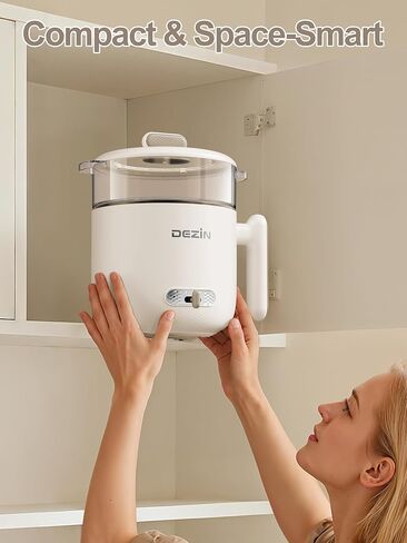 وعاء كهربائي مع جهاز بخار من ديزين، طباخ رامين مزدوج الطاقة سعة 1.8 لتر، وعاء ساخن محمول غير لاصق للحساء والمعكرونة والبيض والشوفان والحرارة الزائدة والحماية من الغليان الجاف، مثالي للنوم والمكتب (بيج) in Kuwait