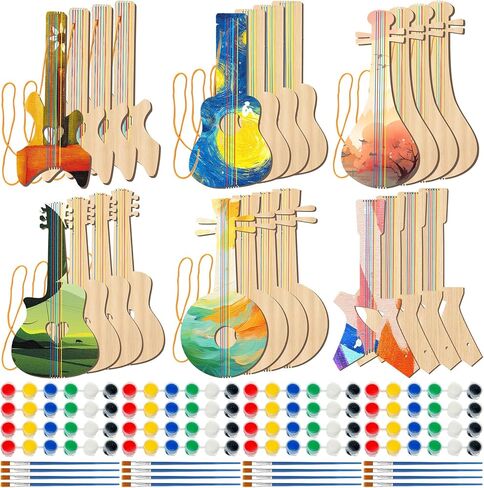 Syhood 48 Pcs/24 Sets DIY Wood Guitar Kit for Kids with Paint Brushes Bulk Build Your Own Guitar Crafts Kit for Birthday Music Theme Party Favor Arts New Year Gift Decor 6 Difference Designs in Saudi Arabia