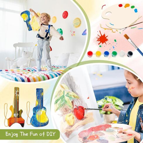 Syhood 48 Pcs/24 Sets DIY Wood Guitar Kit for Kids with Paint Brushes Bulk Build Your Own Guitar Crafts Kit for Birthday Music Theme Party Favor Arts New Year Gift Decor 6 Difference Designs in Saudi Arabia