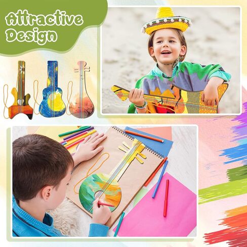 Syhood 48 Pcs/24 Sets DIY Wood Guitar Kit for Kids with Paint Brushes Bulk Build Your Own Guitar Crafts Kit for Birthday Music Theme Party Favor Arts New Year Gift Decor 6 Difference Designs in Saudi Arabia