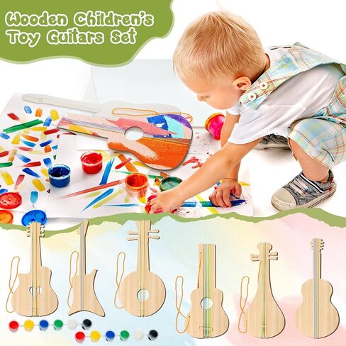 Syhood 48 Pcs/24 Sets DIY Wood Guitar Kit for Kids with Paint Brushes Bulk Build Your Own Guitar Crafts Kit for Birthday Music Theme Party Favor Arts New Year Gift Decor 6 Difference Designs in Saudi Arabia