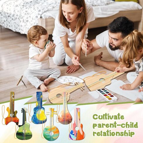 Syhood 48 Pcs/24 Sets DIY Wood Guitar Kit for Kids with Paint Brushes Bulk Build Your Own Guitar Crafts Kit for Birthday Music Theme Party Favor Arts New Year Gift Decor 6 Difference Designs in Saudi Arabia