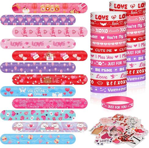 98Pcs Valentines Party Favors Gifts for Men Women - Valentines Exchange Gifts with Slap Bracelets Rubber Bracelets Stickers - Valentine's School Classroom Party Gift - Goodie Bag Stuffer in Saudi Arabia