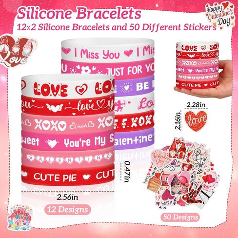 98Pcs Valentines Party Favors Gifts for Men Women - Valentines Exchange Gifts with Slap Bracelets Rubber Bracelets Stickers - Valentine's School Classroom Party Gift - Goodie Bag Stuffer in Saudi Arabia