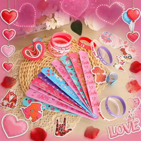 98Pcs Valentines Party Favors Gifts for Men Women - Valentines Exchange Gifts with Slap Bracelets Rubber Bracelets Stickers - Valentine's School Classroom Party Gift - Goodie Bag Stuffer in Saudi Arabia