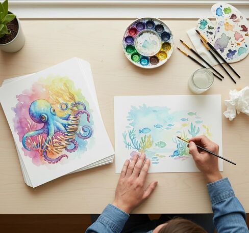 200 Sheets (8.5"" x11) - Premium Watercolor Paper - 220 GSM - Loose White Sheets - Ideal for Water Coloring, Sketching, Drawing, Craft, Art & Mixed Media. Bulk Pack of Paint Paper in Kuwait