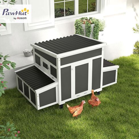 PawHut Wooden Chicken Coop, Chicken Tractor for 6 Chickens, Outdoor Poultry Cage Rabbit Hutch Duck Coop Hen House with Nesting Box, Tray, Windows, Dark Gray in Saudi Arabia