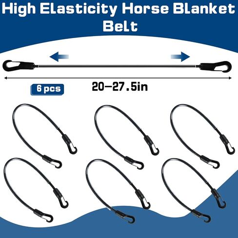 6 Pcs Horse Blanket Leg Straps - Elastic Replacement Straps with Double-Ended Quick Clips 20" Adjustable Stretchy Leg & Tail Straps, Horse Supplies Fit for Winter Turnout Rugs & Stall Buckets (Medium) in Kuwait