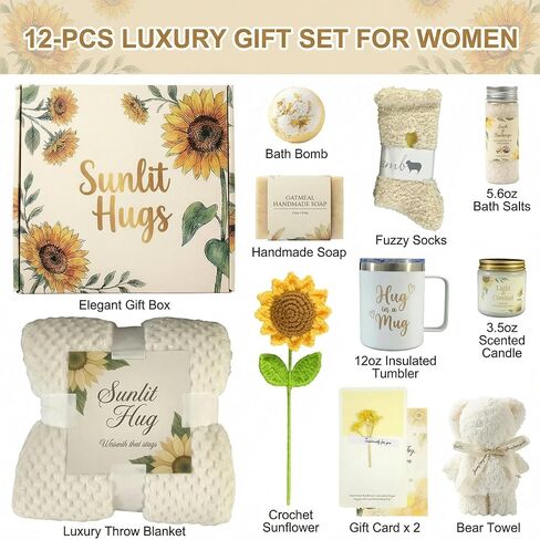 Gift Baskets for Women - Sunflower Self Care Gift Set w/Sunlit Hugs, Flannel Blanket, 304 Tumbler & Spa Kit - Birthday/Get Well/Thinking of You Gifts in Saudi Arabia