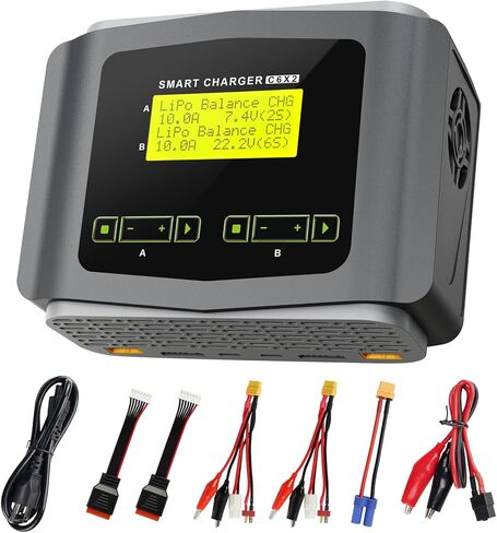 شاحن بطارية LiPo بشاشة كبيرة ومفرغ شاحن RC مزدوج 10 أمبير شاحن بطارية سريع التوازن لـ 1-6S LiPo LiHV Li-ion Life 1-15S NiCD NiMH PB بطاريات ذكية RC سيارة بدون طيار (رمادي) in Kuwait