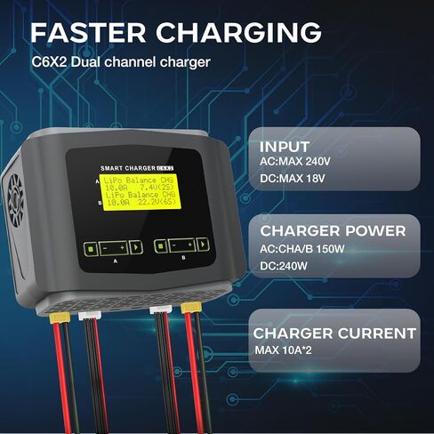 شاحن بطارية LiPo بشاشة كبيرة ومفرغ شاحن RC مزدوج 10 أمبير شاحن بطارية سريع التوازن لـ 1-6S LiPo LiHV Li-ion Life 1-15S NiCD NiMH PB بطاريات ذكية RC سيارة بدون طيار (رمادي) in Kuwait