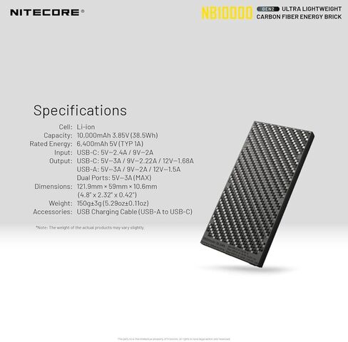 Nitecore Combo NB10000-GEN3 & NB10000 Silver NB10000 10,000mAh Ultra Lightweight Carbon Fiber PowerCharger Combo w/Eco-Sensa USB-C Charging Cable in Saudi Arabia