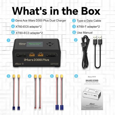 IMARS D300 Plus Gens Ace Lipo شاحن بطارية G-Tech Series Dual Lipo Balance Charger AC 300W DC 700W 16A شاحن ذكي لبطاريات ليبو 1s~6s، Life/NiCd/MH/LiHV، التوصيل والتشغيل (أسود) in Kuwait