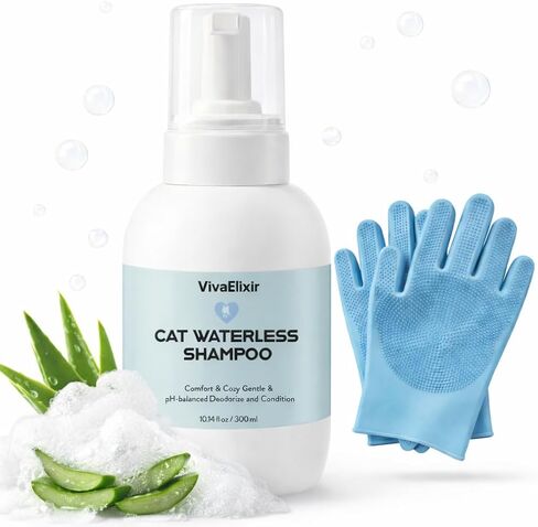 Cat Shampoo & Conditioner 2-in-1, waterless Bath — Hydration & Itch Relief — Detangles & Soothes Dry Skin, Anti-Static — Oatmeal, Aloe, Silk Protein — Low-Residue & pH-Balanced — 500 mL + Glove in Saudi Arabia