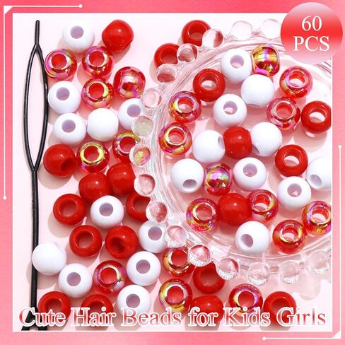 NAISKA 60Pcs Valentines Hair Beads for Kids Girls White Beads for Hair Cute Dreadlock Beads Colorful Clear Hair Beads for Braids Small Pony Beaded Hair Clips Valentine's Day Loc Beads Hair Jewelry in Saudi Arabia